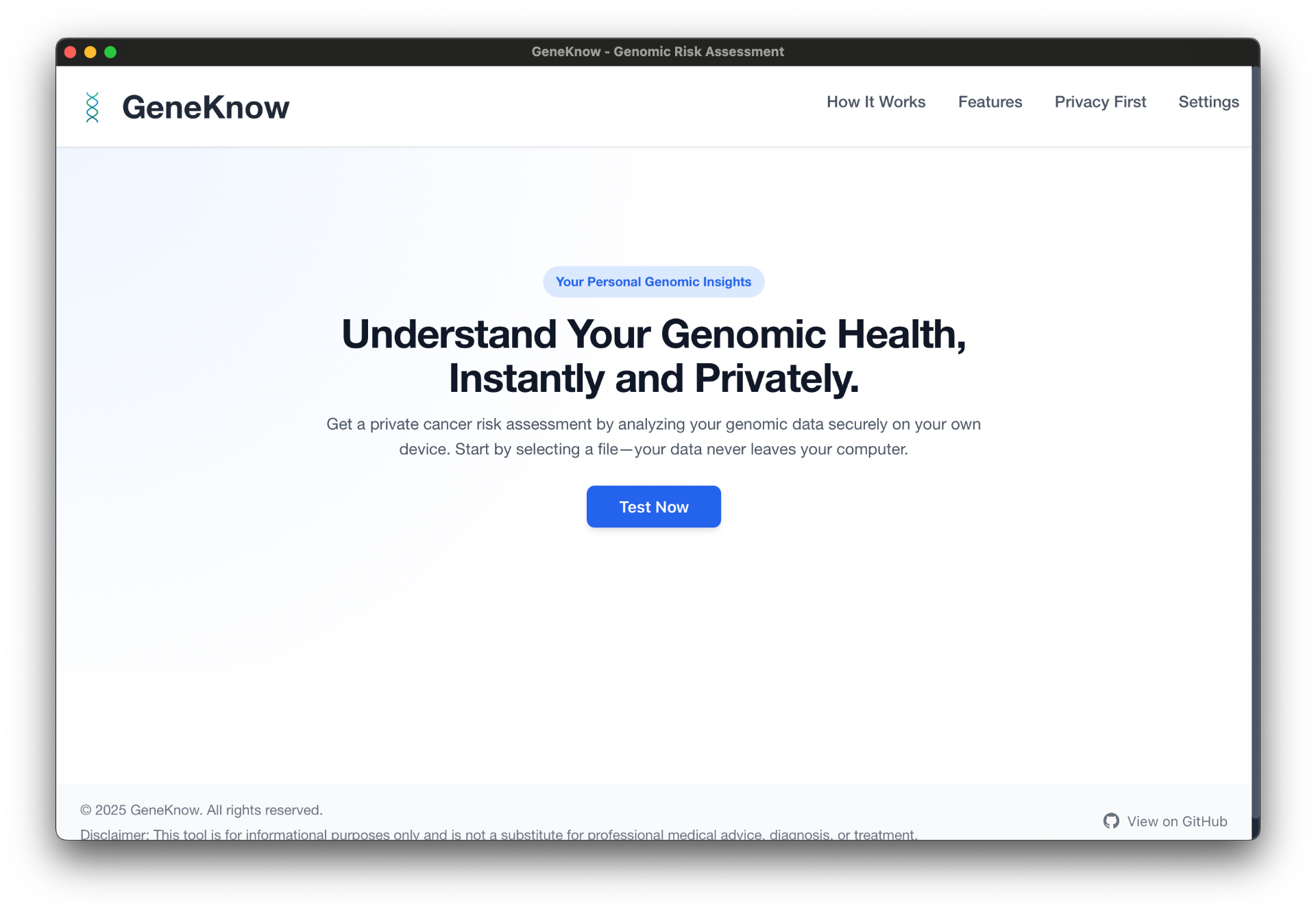 GeneKnow landing page - Understand Your Genomic Health, Instantly and Privately